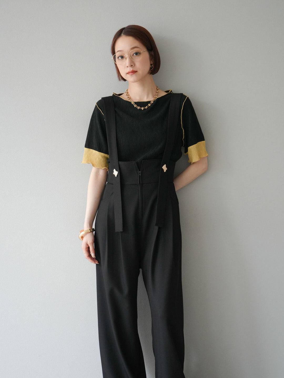 [SET]プリーツ配色ボートネックプルオーバー+ゴールドボタンサスペンダーワイドパンツ(2set)
