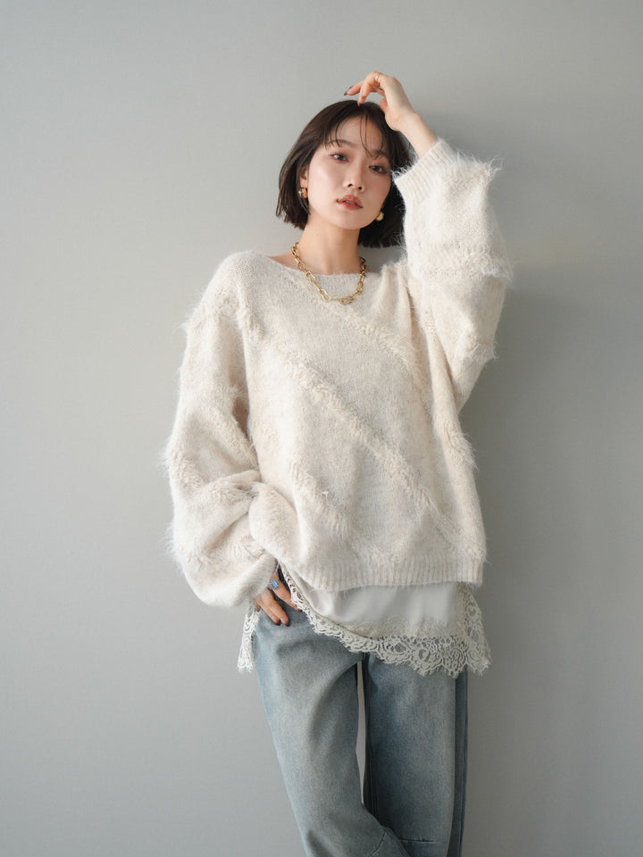 [SET]シャギーデザインニットプルオーバー+選べるアクセセット(2set)