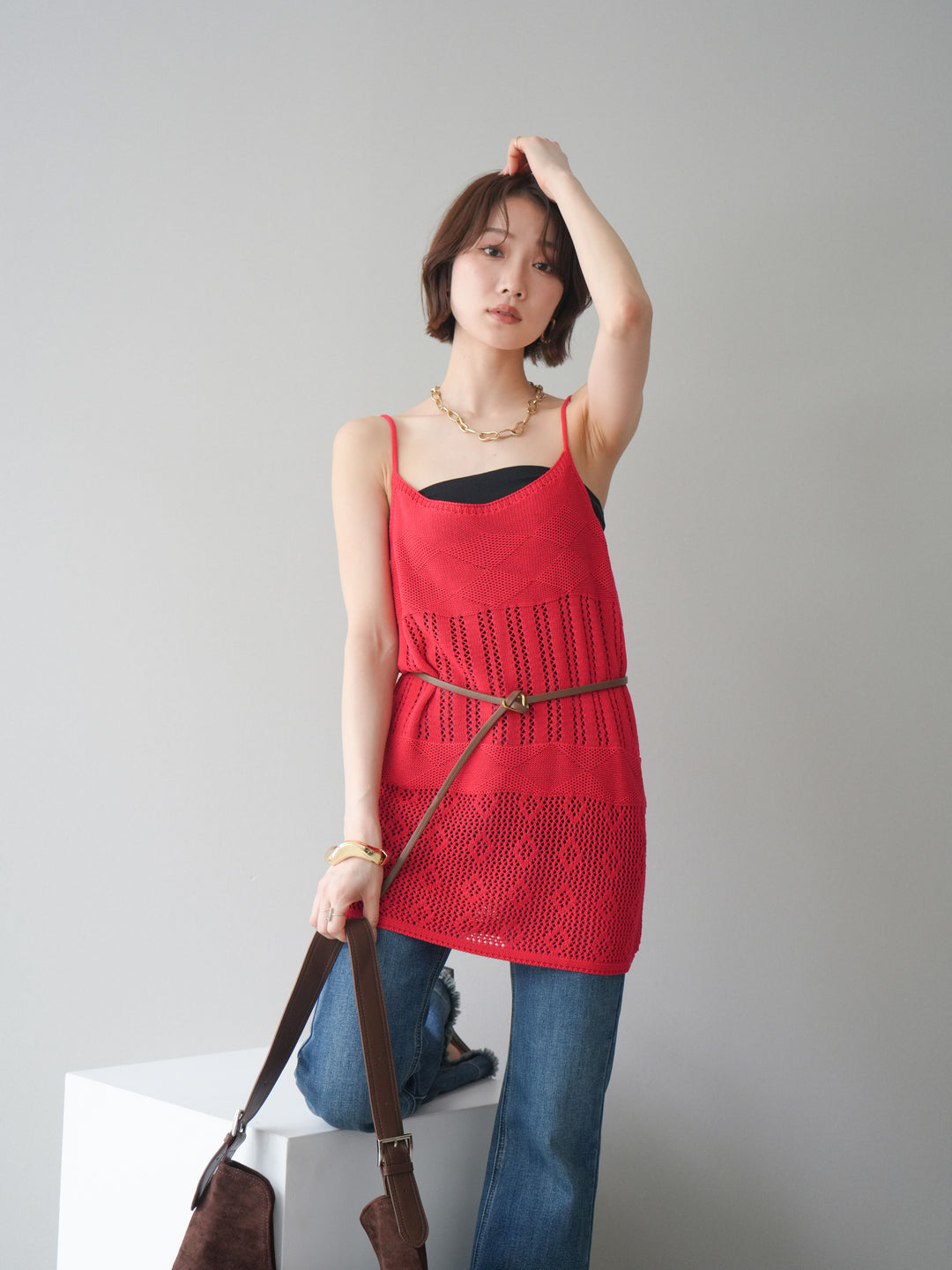 [予約]ランダム透かし編みニットキャミソール/red