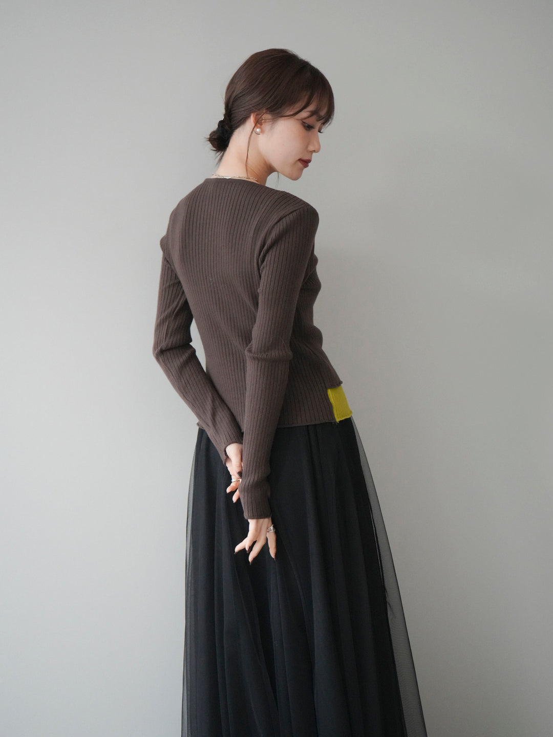 [予約]配色レイヤードリブニットカーディガン/brown