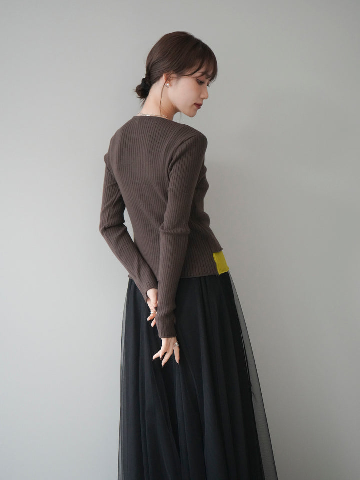 [予約]配色レイヤードリブニットカーディガン/brown