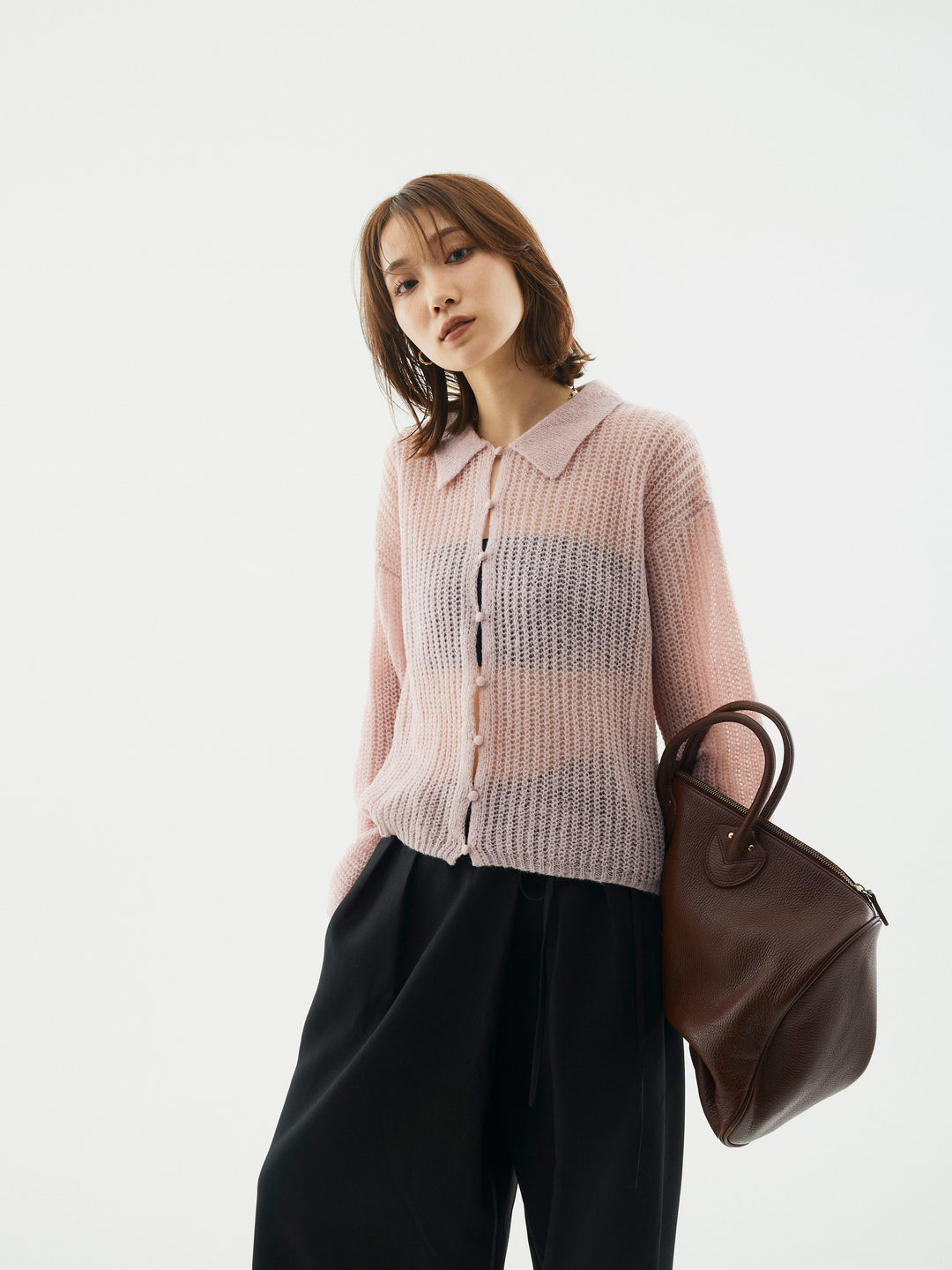 【Allure】[SET]起毛片畦編みシアーポロニット+ラップデザインタックワイドパンツ(2set)