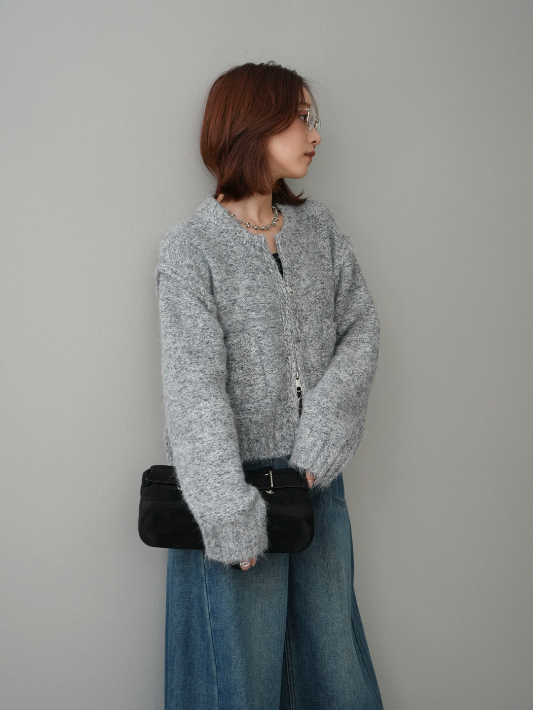 [SET]ミックスヤーンダブルZIPニットカーディガン+ベルト付裏起毛カーブデニムパンツ(2set)