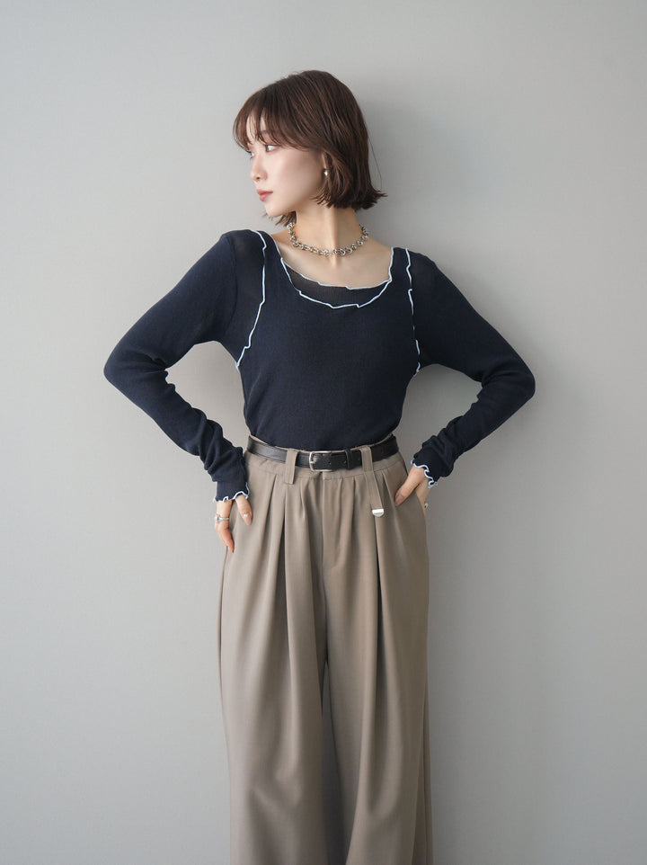 [SET]バイカラーメローアンサンブルシアーニットトップス+ベルト付キーホルダーモチーフワイドパンツ(2set)