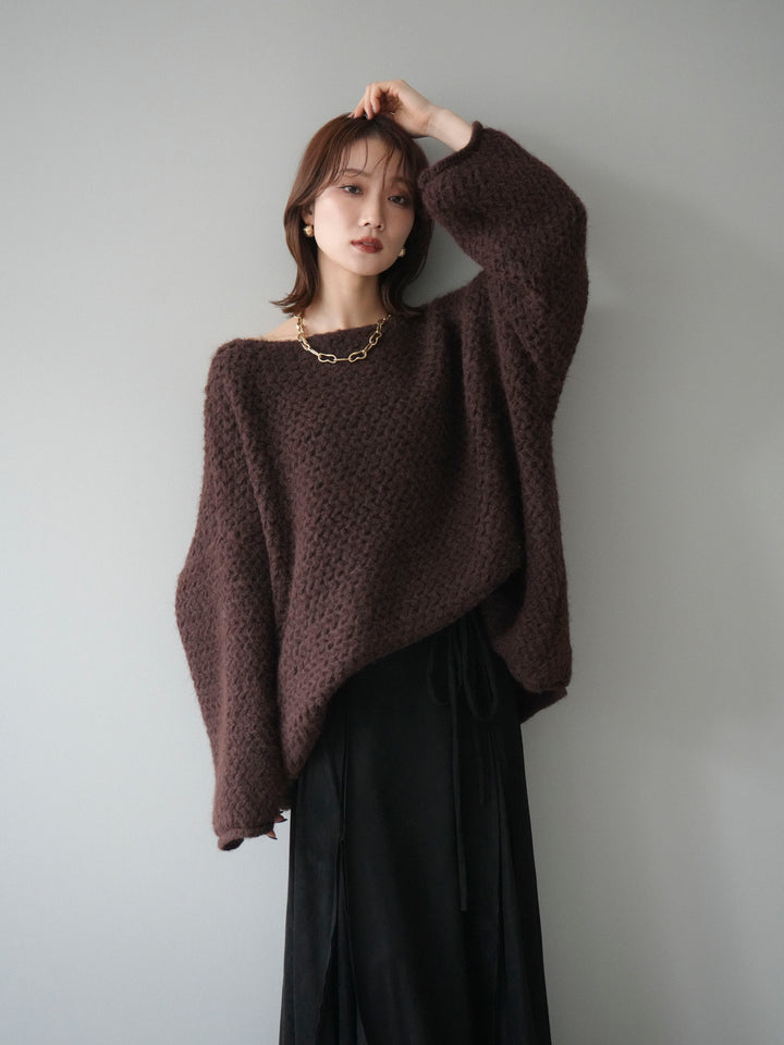 [予約]ワッフル編みオーバーニットプルオーバー/brown