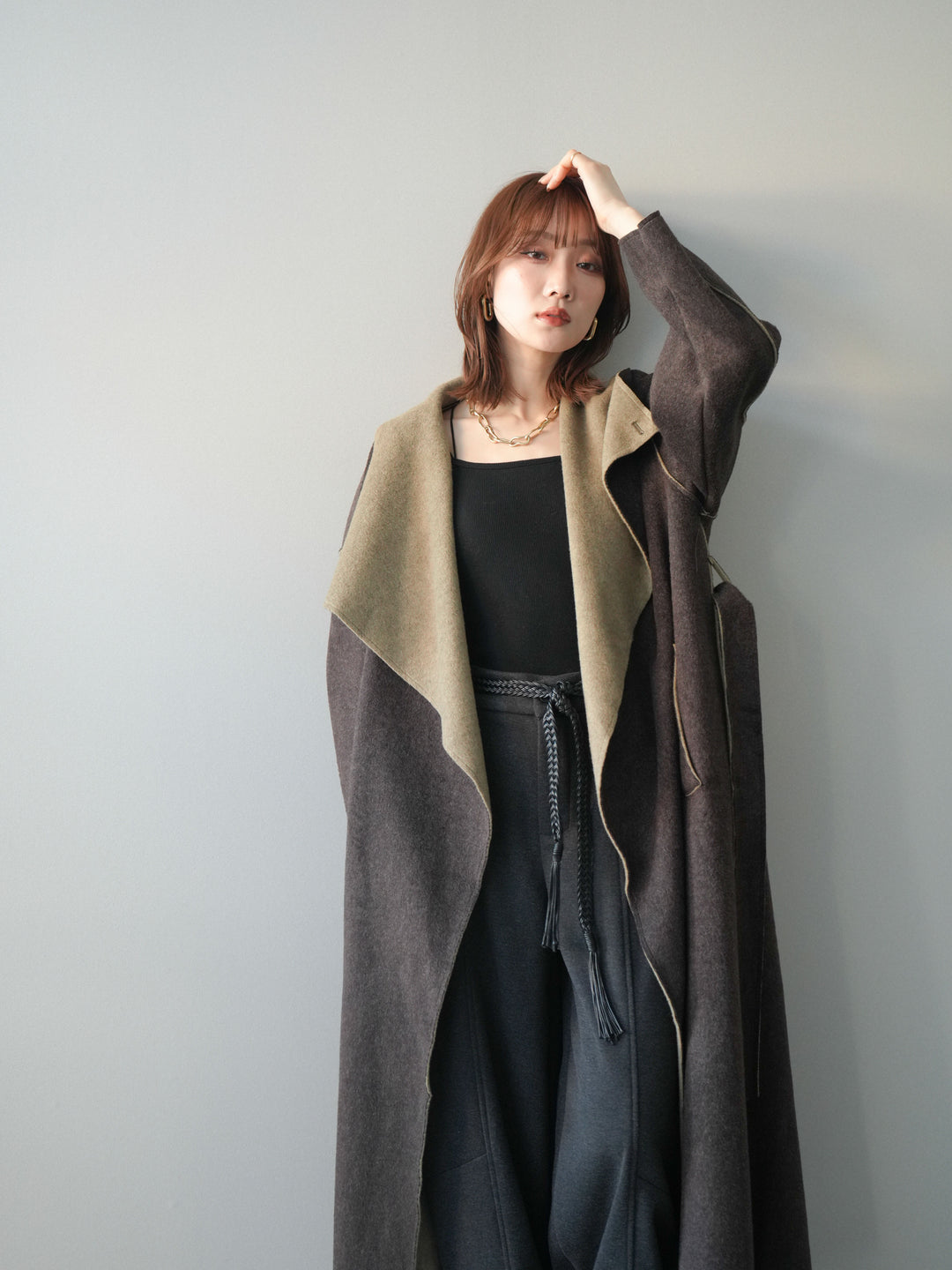 [予約]ダブルフェイスバイカラーロングコート/khaki