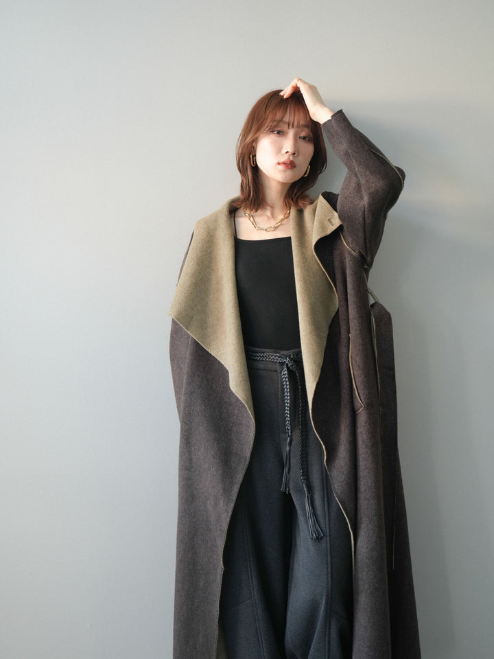 [予約]ダブルフェイスバイカラーロングコート/khaki