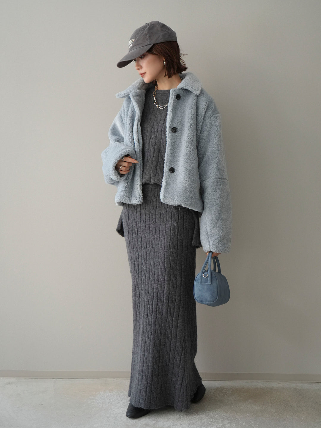 [SET]エコファーステンカラージャケット+ストール付ケーブルニットプルオーバー&ロングスカートSET UP(2set)