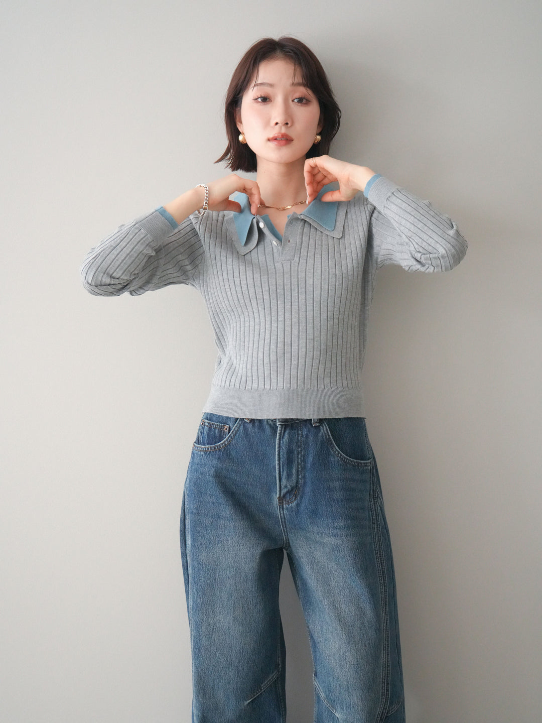 [予約]ダブル襟ポロリブニットトップス/gray