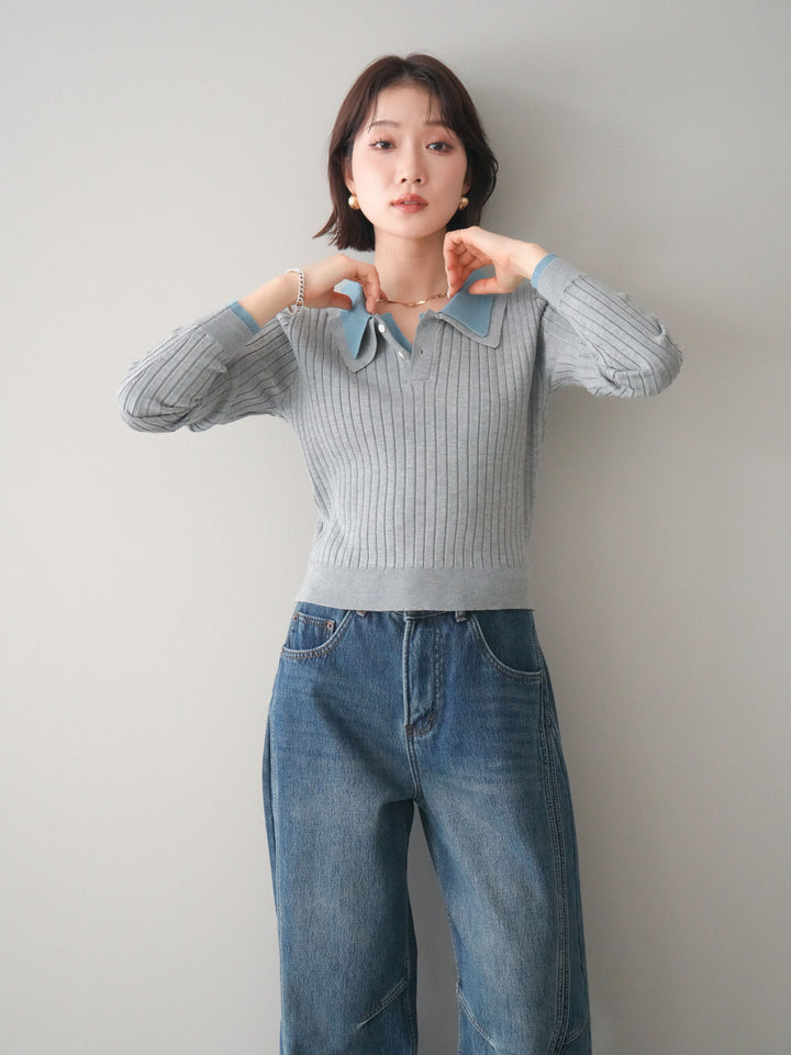 [予約]ダブル襟ポロリブニットトップス/gray
