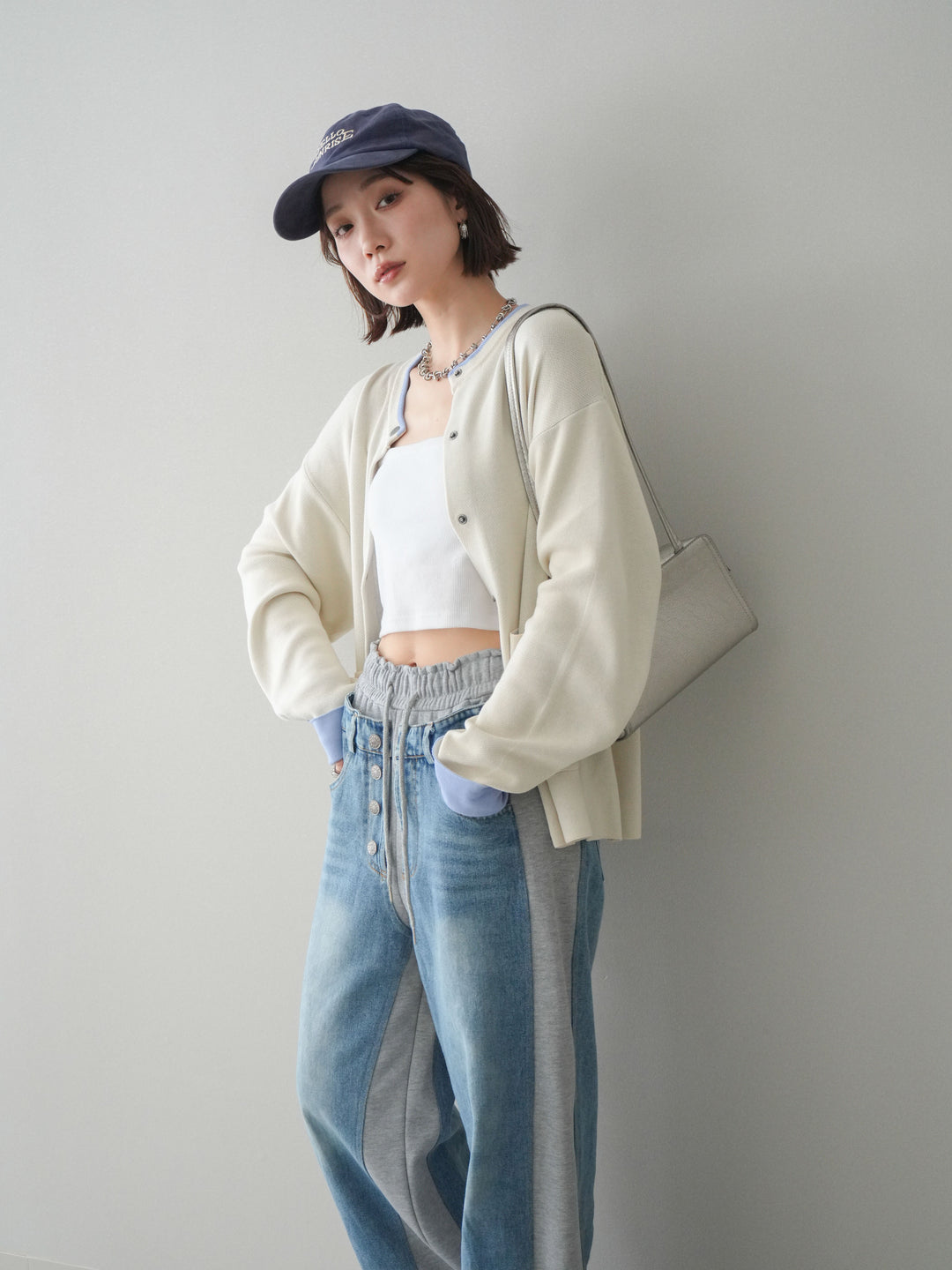 [SET]バイカラーオーバーニットカーディガン+デニム切替スウェットパンツ(2set)