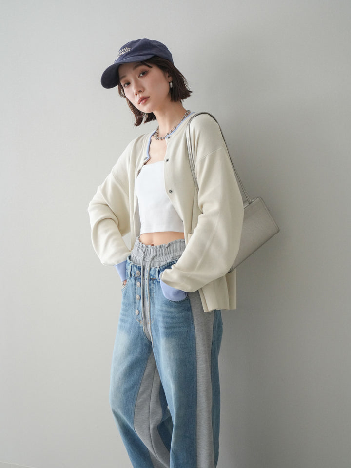 [SET]バイカラーオーバーニットカーディガン+デニム切替スウェットパンツ(2set)