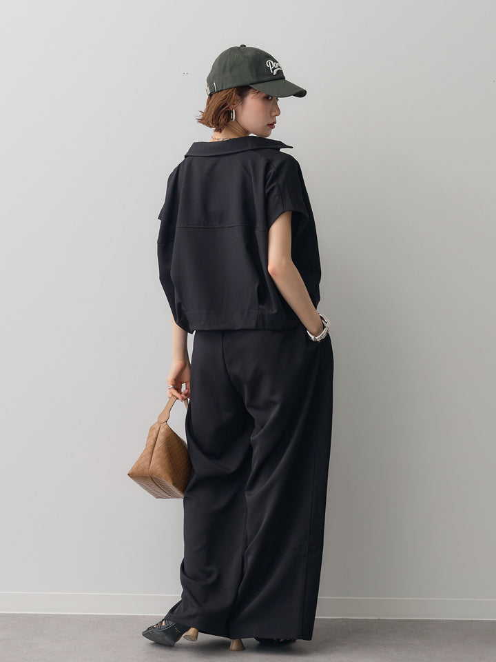 【套裝】縐綢燈籠無袖襯衫 + 縐綢闊腿褲（兩件套）