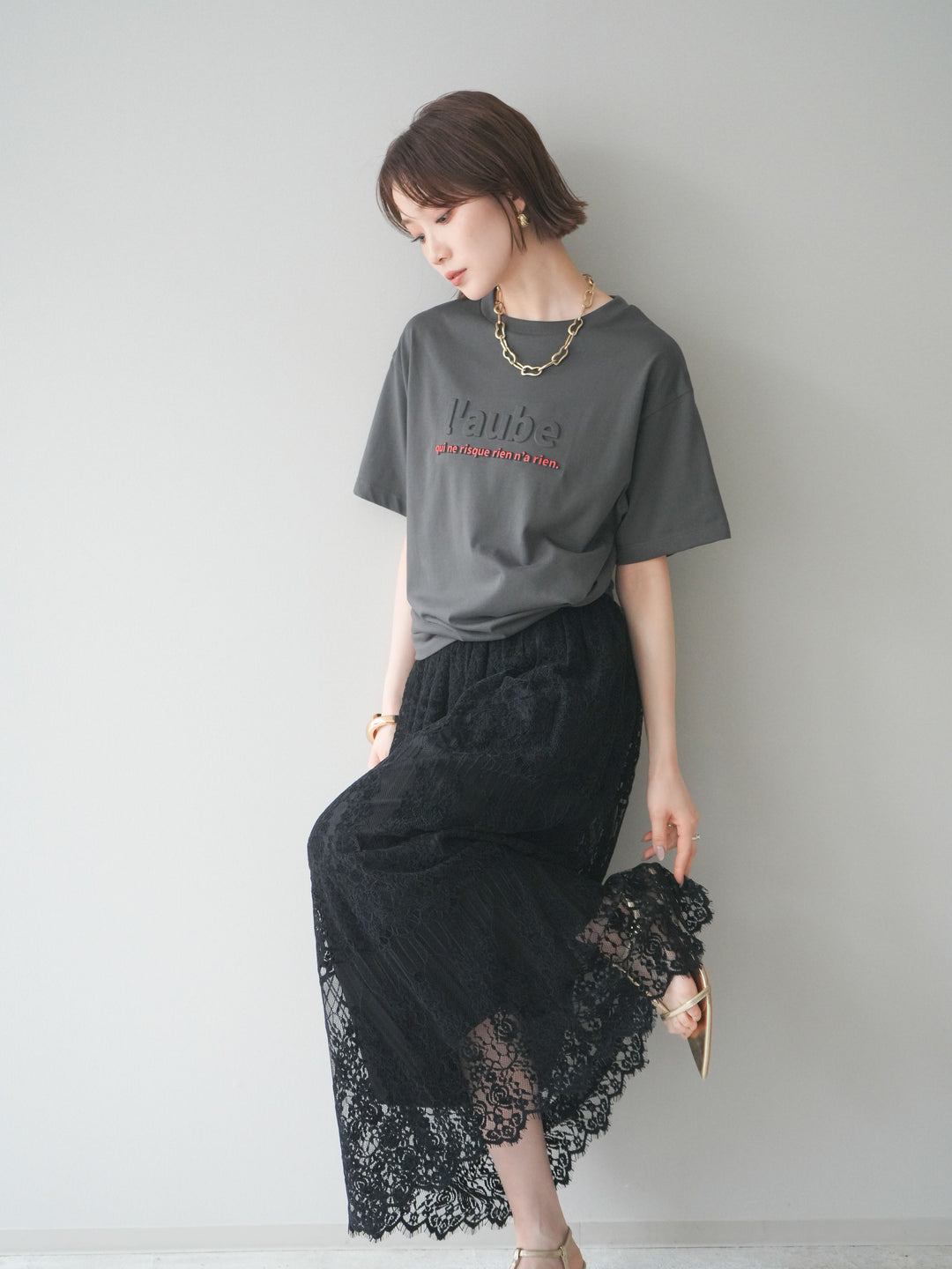 [SET]エンボスロゴTEE+裏プリーツ総レースロングスカート(2set)