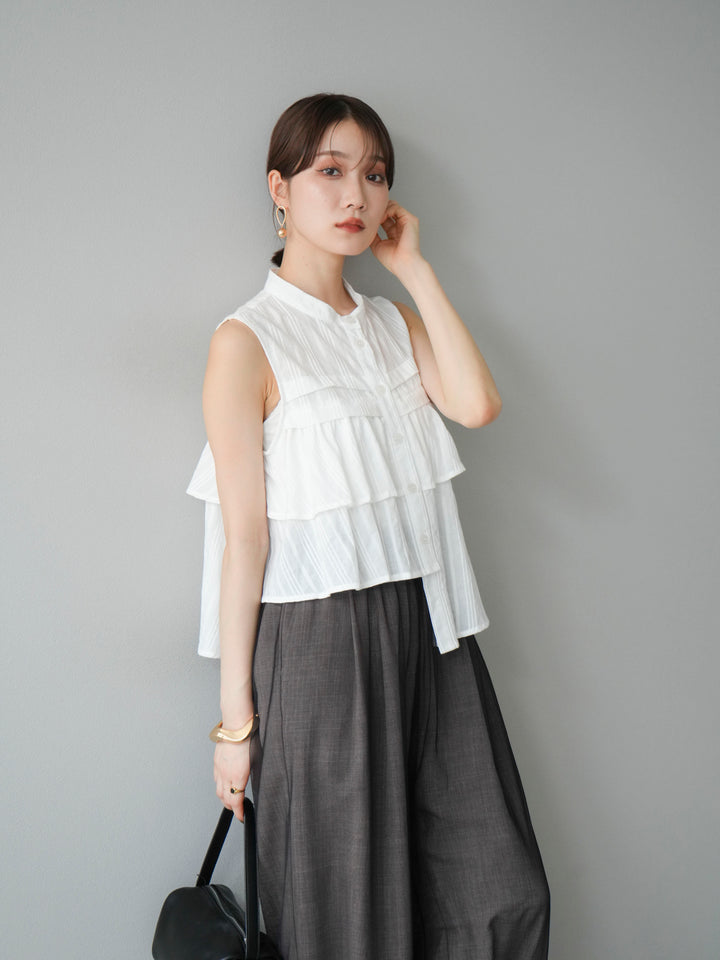 [SET]ドビーストライプアシンメトリーフリルノースリブラウス+コード刺繍チュールレイヤードパンツ+リネンライクイージーワイドパンツ(3set)