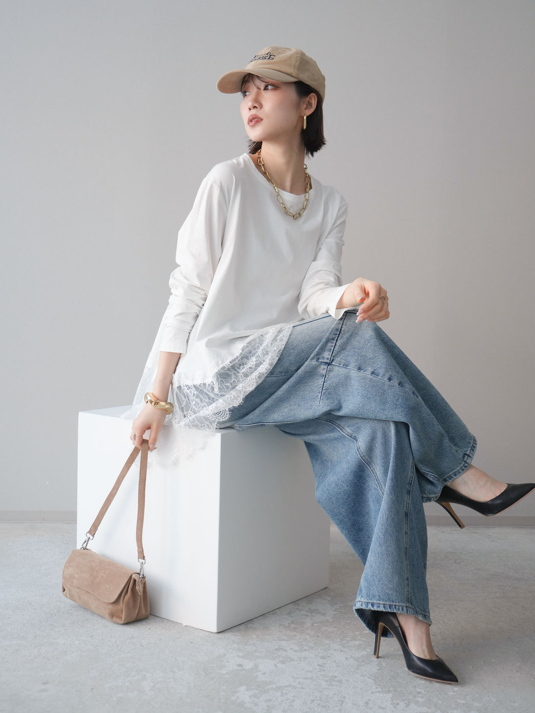 [SET]裾レースロングスリーブTシャツ+選べるアクセセット(2set)