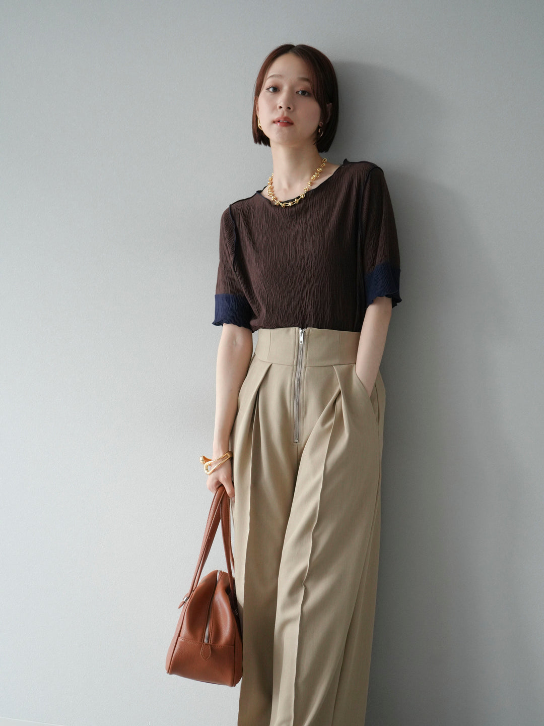 [SET] 百褶同色船領套頭衫 + 拉鍊褶襉寬褲 (2 套)