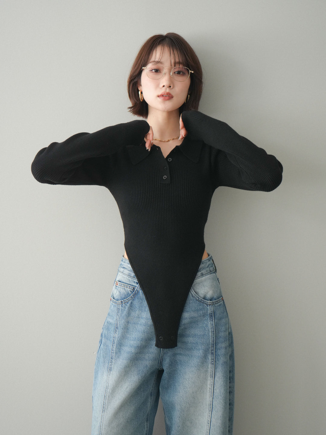 [予約]リブポロニットボディスーツ/black