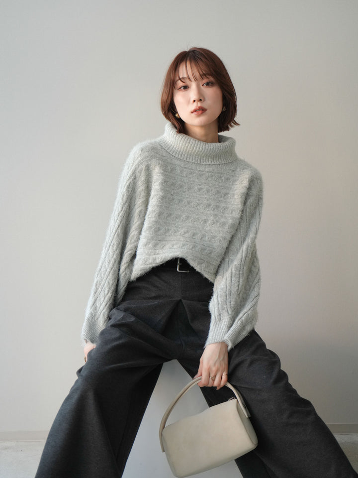 [予約]オフタートルケーブル編みニットプルオーバー/gray