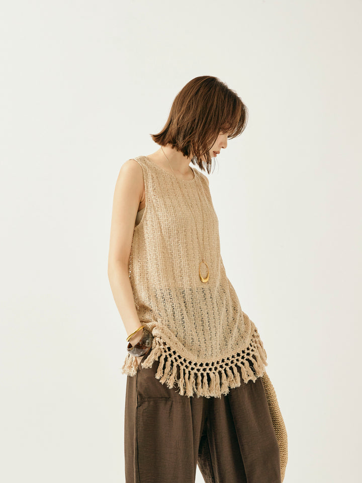 [予約]フリンジ透かし編みニットベスト/ベージュ