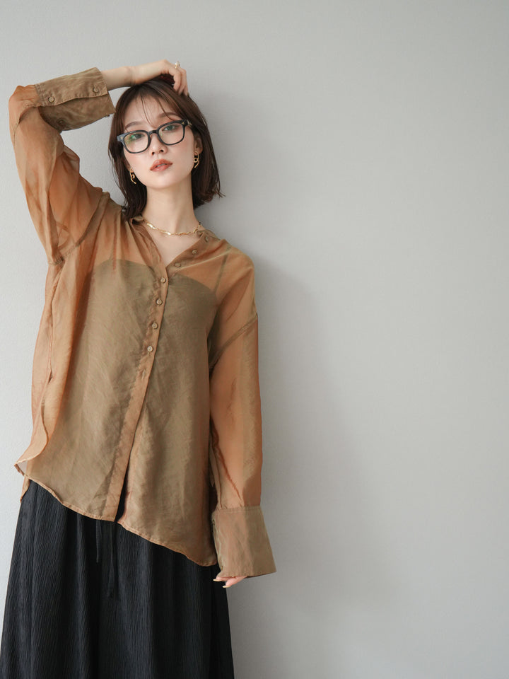 [予約]シャイニーシアーバンドカラーシャツ/カーキブラウン