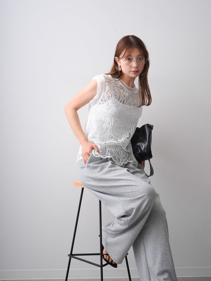 [SET]スカラップヘムレーストップス+リラックスドレープスウェットパンツ(2set)