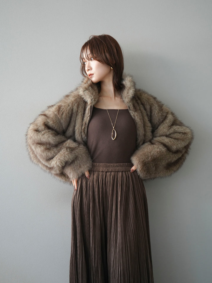 [予約]フェイクファーショートZIPジャケット/brownmix