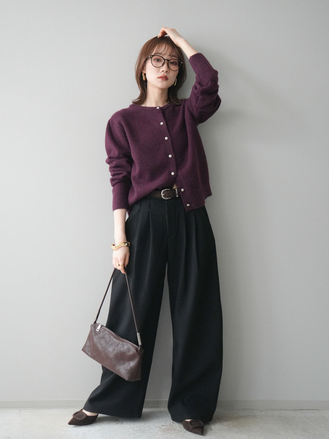 [SET]アンティークボタンニットカーディガン+アニマル柄ベルト付きウールタッチワイドパンツ(2set)