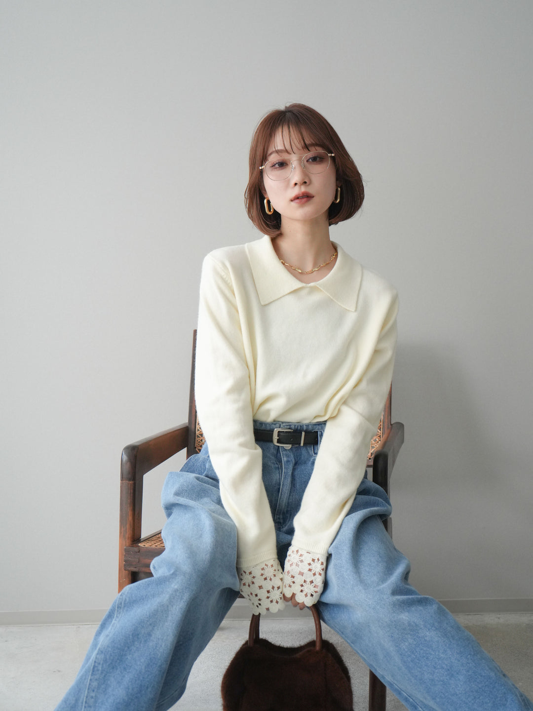 [SET]スカラップレース袖襟付きニットトップス+選べるアクセセット(2set)