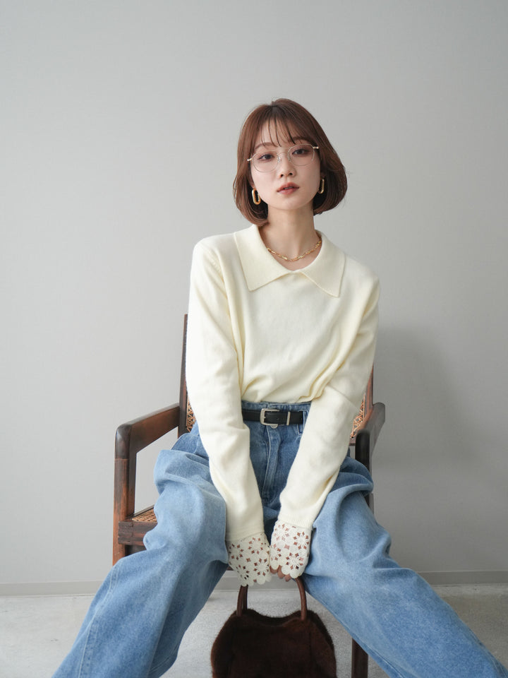 [SET]スカラップレース袖襟付きニットトップス+選べるアクセセット(2set)