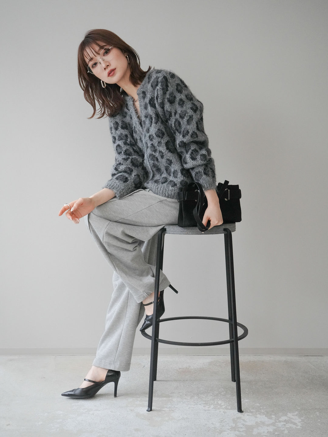 [SET]モヘアタッチレオパード柄ニットカーディガン+選べるアクセセット(2set)