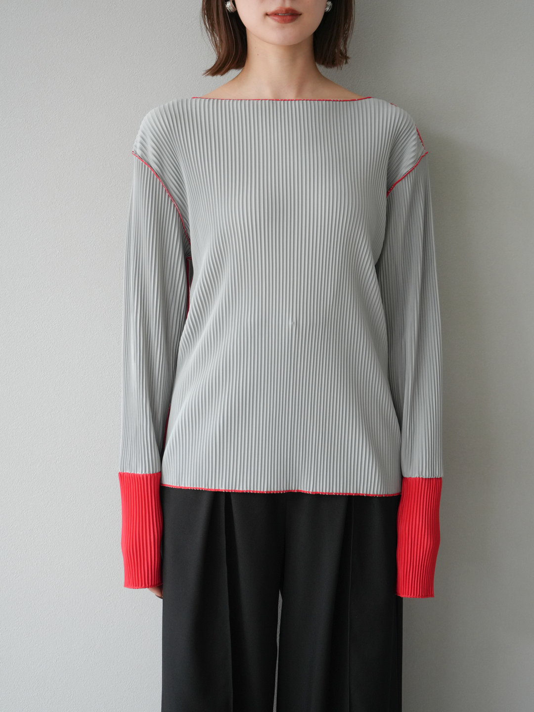 [予約]バイカラープリーツトップス/グレー