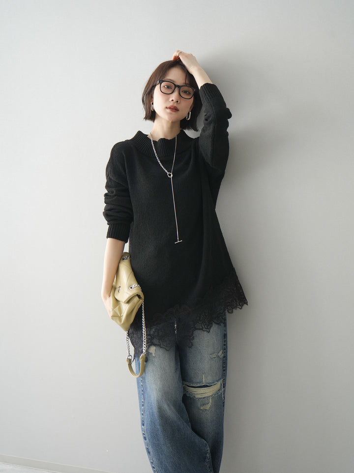 [SET]アシンメトリーレースヘムニットプルオーバー+アシンメトリーレースヘムニットプルオーバー(2set)