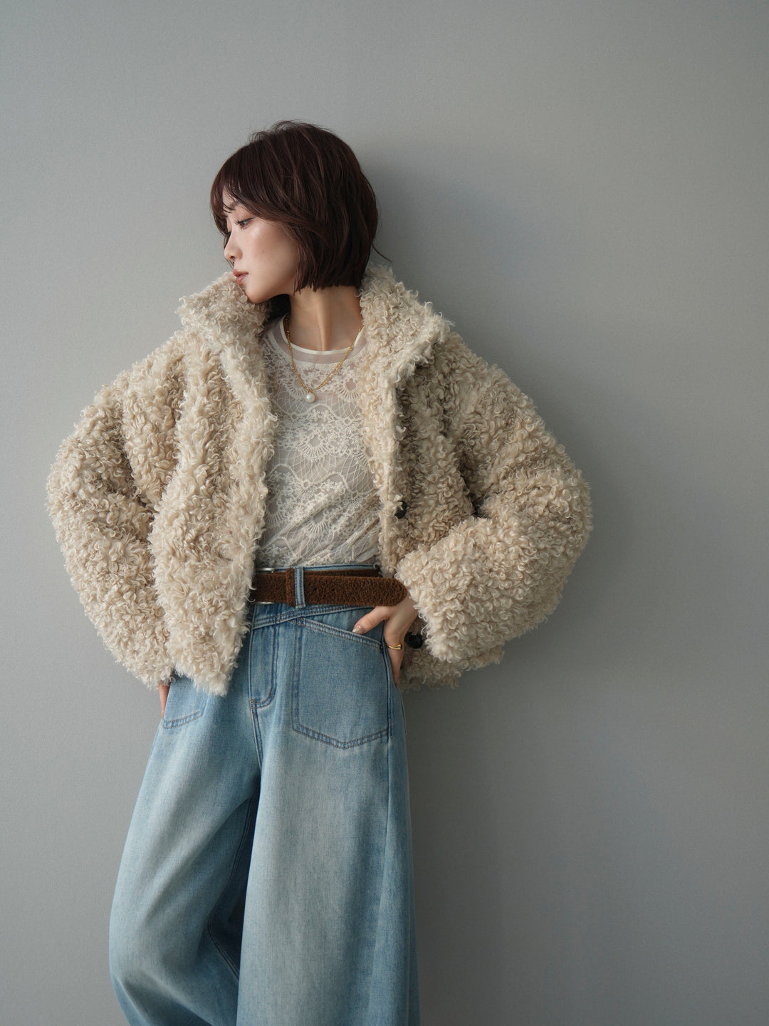 [SET]プードルファーミドルスタンドブルゾン+ベルト付裏起毛カーブデニムパンツ(2set)