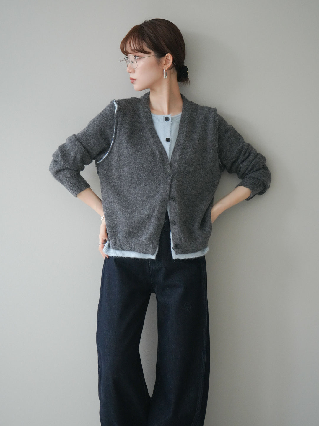 [予約]配色レイヤードニットカーディガン/gray