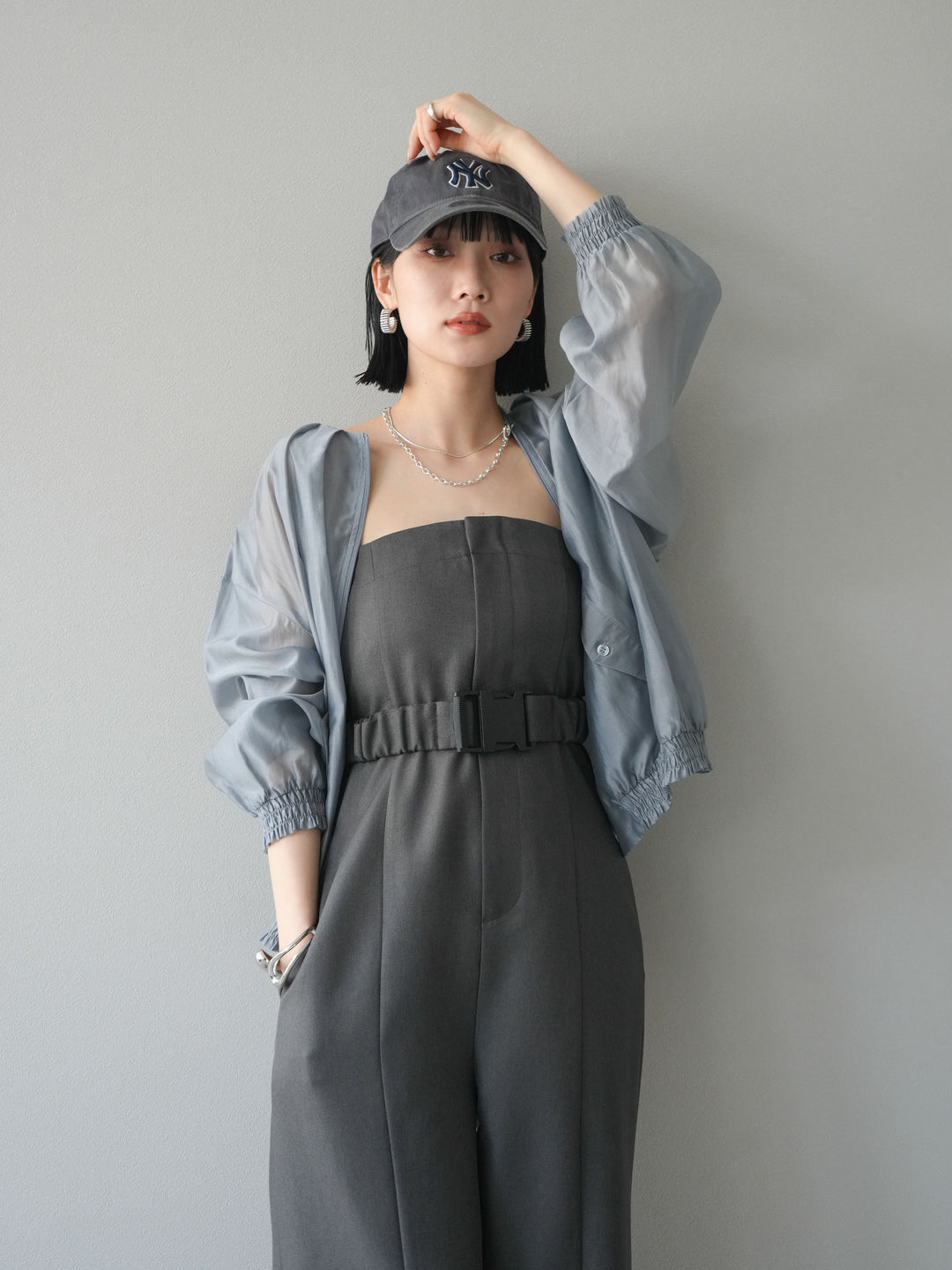 [SET]タックデザインシアーブルゾン+ヘザーツイルベルト付ベアサロペット(2set)