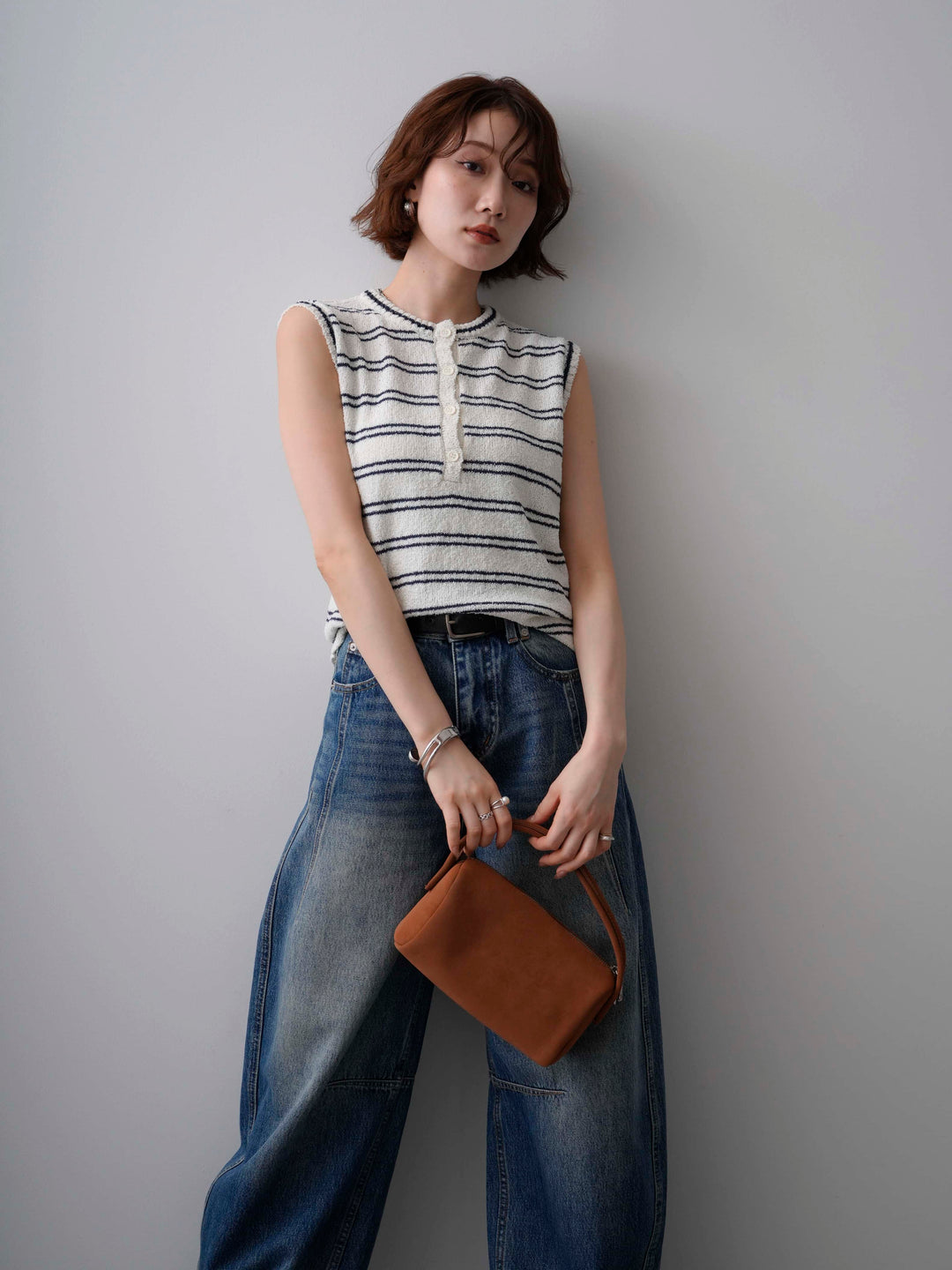 [SET]ボーダーヘンリーノースリニットトップス+立体カーブデニムパンツ(2set)