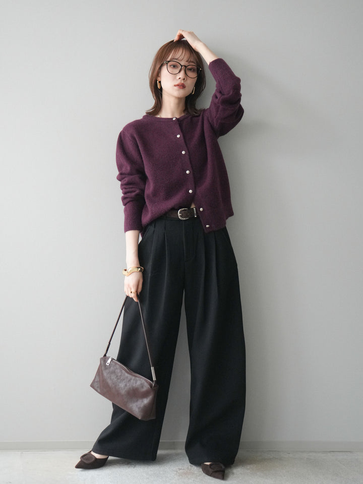 [予約]アニマル柄ベルト付きウールタッチワイドパンツ/black