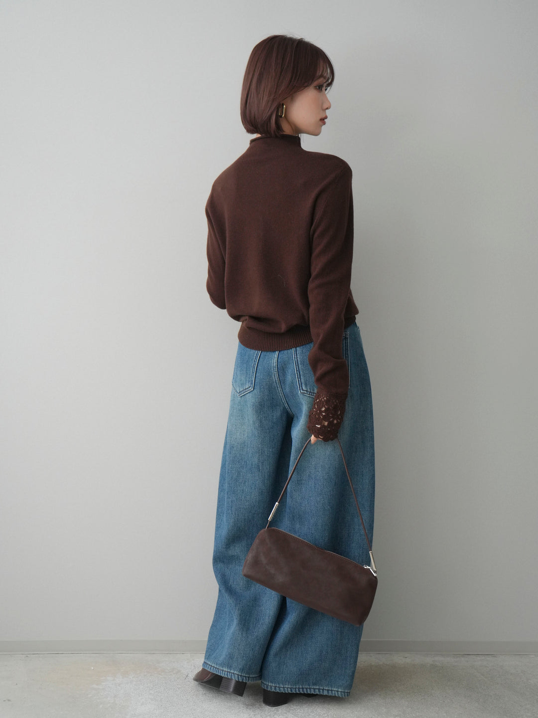 [SET]袖スカラップレースフロントボタンウールニットトップス+ベルト付裏起毛カーブデニムパンツ(2set)