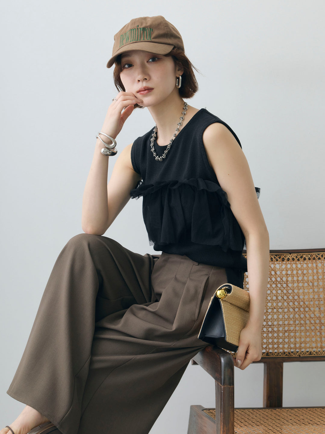 [SET]チュールフリルニットノースリトップス+クレープデシンタックワイドパンツ(2set)