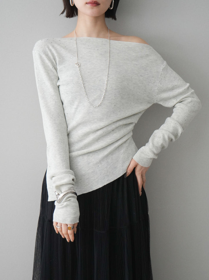 [予約]ラインストーンアシンメトリーニットトップス/gray
