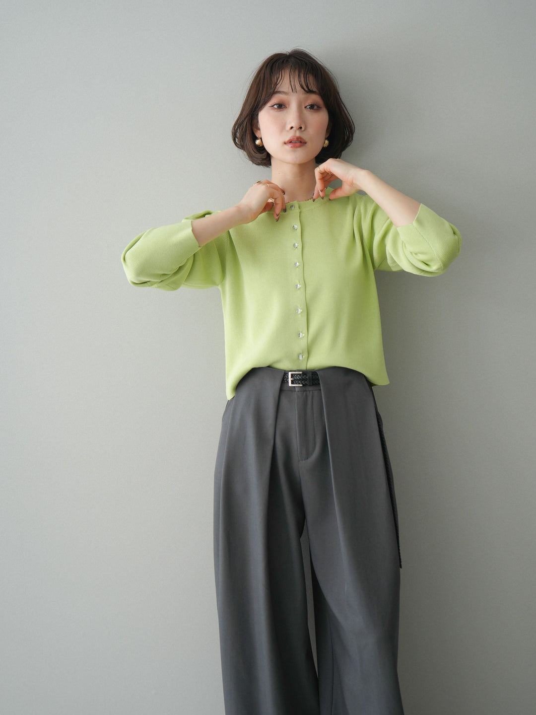 [SET]クリアボタンタックニットカーディガン+ベルトループデザインワイドパンツ(2set)