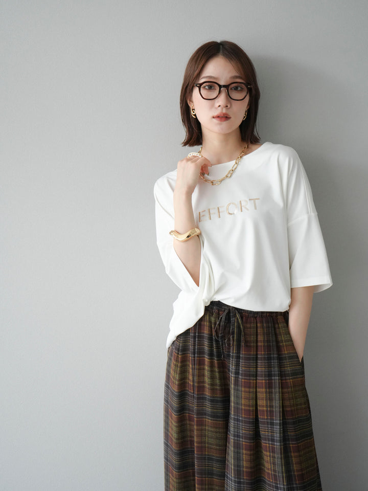 [套裝] 不同材質金屬標誌刺繡 x 印花T卹 + 透視格紋寬鬆褲（2 件套）