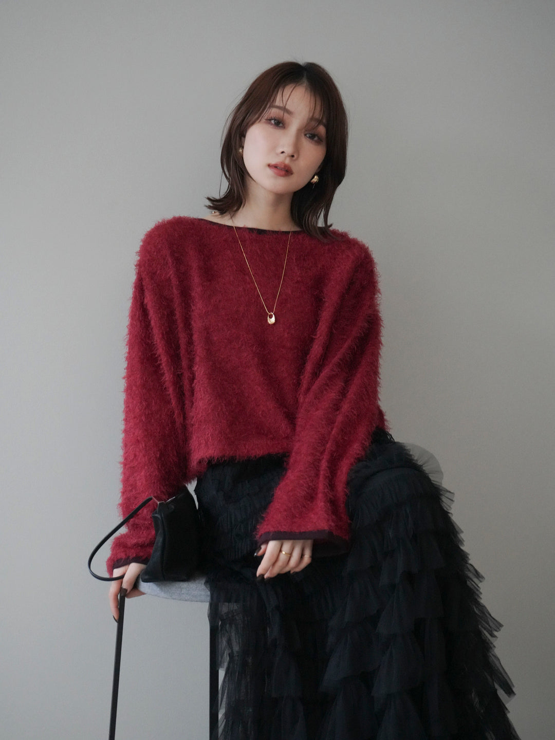 [予約]バイカラー2WAYシャギーニットカーディガン/red