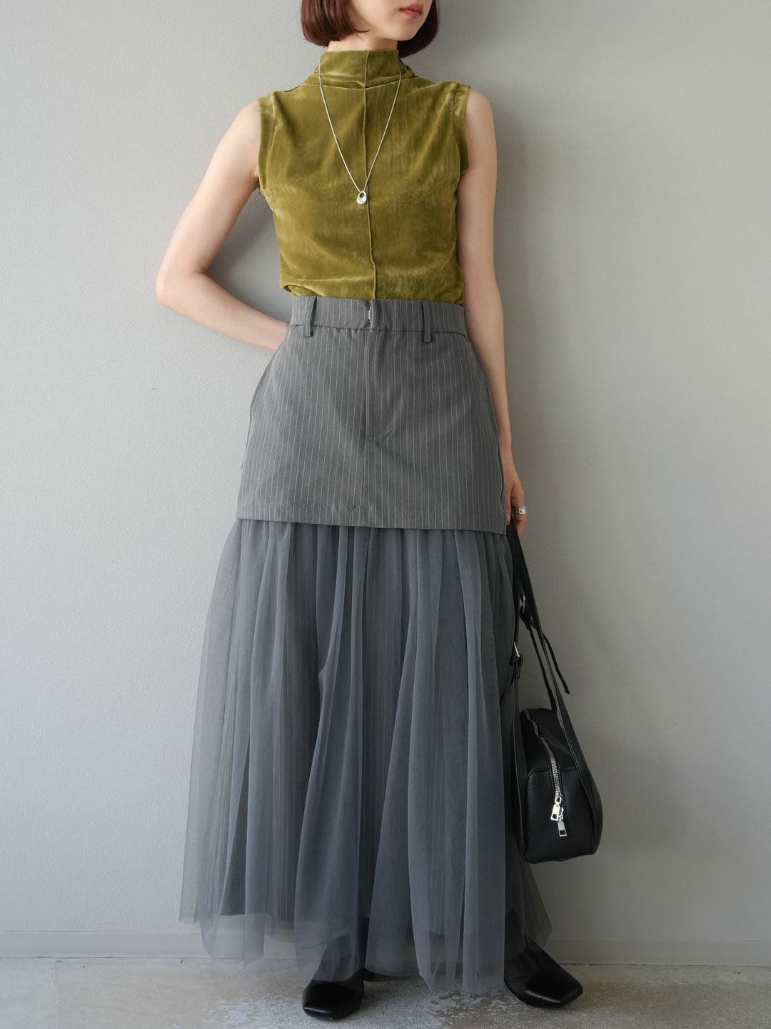 [予約]ストライプ切替チュールスカート/グレー