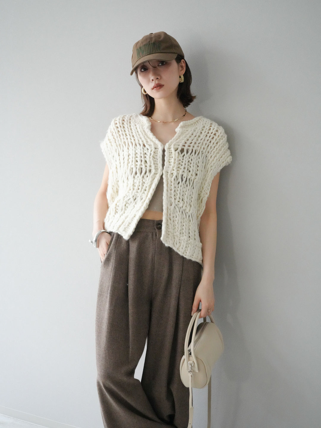 [SET] 手編繩結背心+粗花呢觸感褶皺寬褲（2件組）