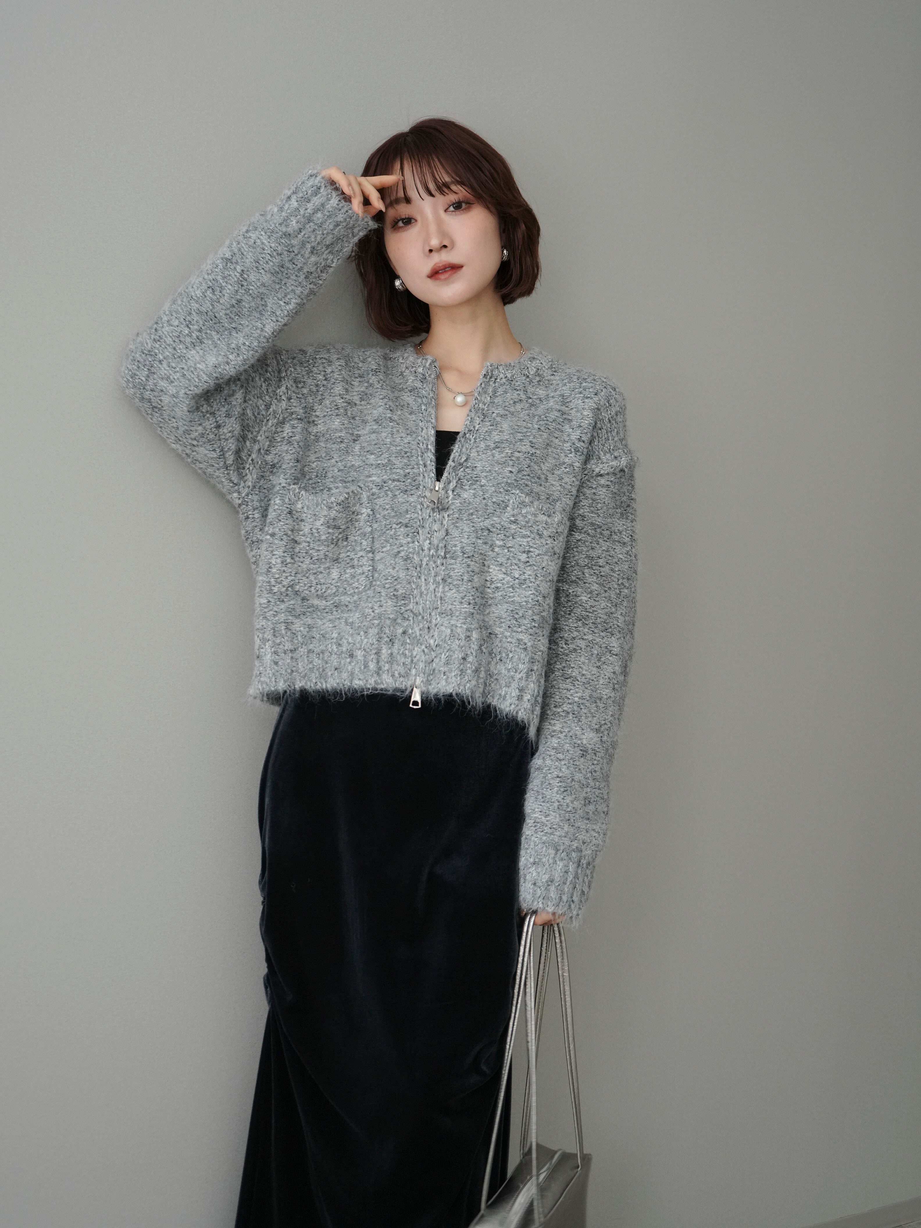 予約]ミックスヤーンダブルZIPニットカーディガン/gray – Lumier