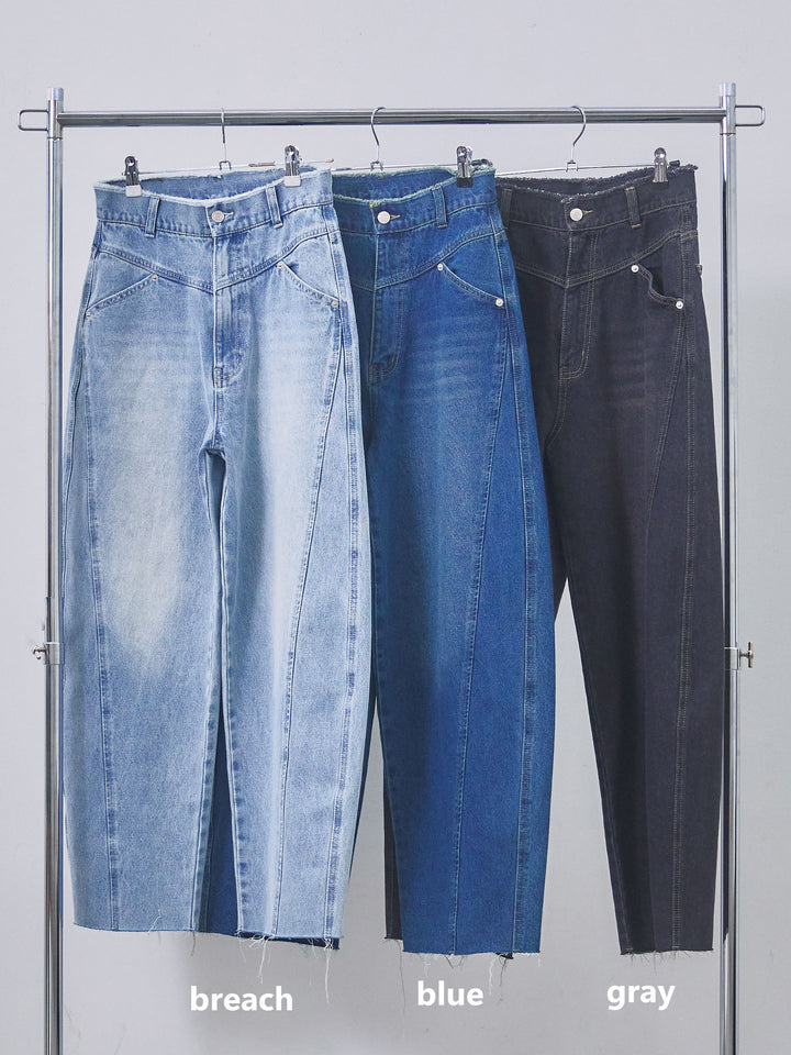 【Allure】[SET]杢調ライトテーラードジャケット+ウエストフリンジカットオフカーブデニムパンツ(2set)