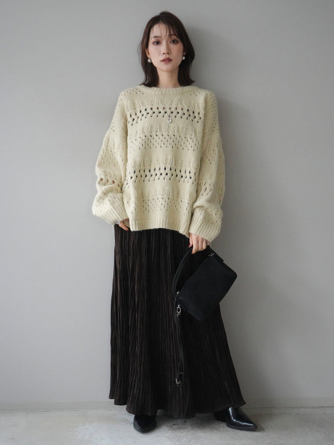 [予約]透かし編みクルーネックニットプルオーバー/green