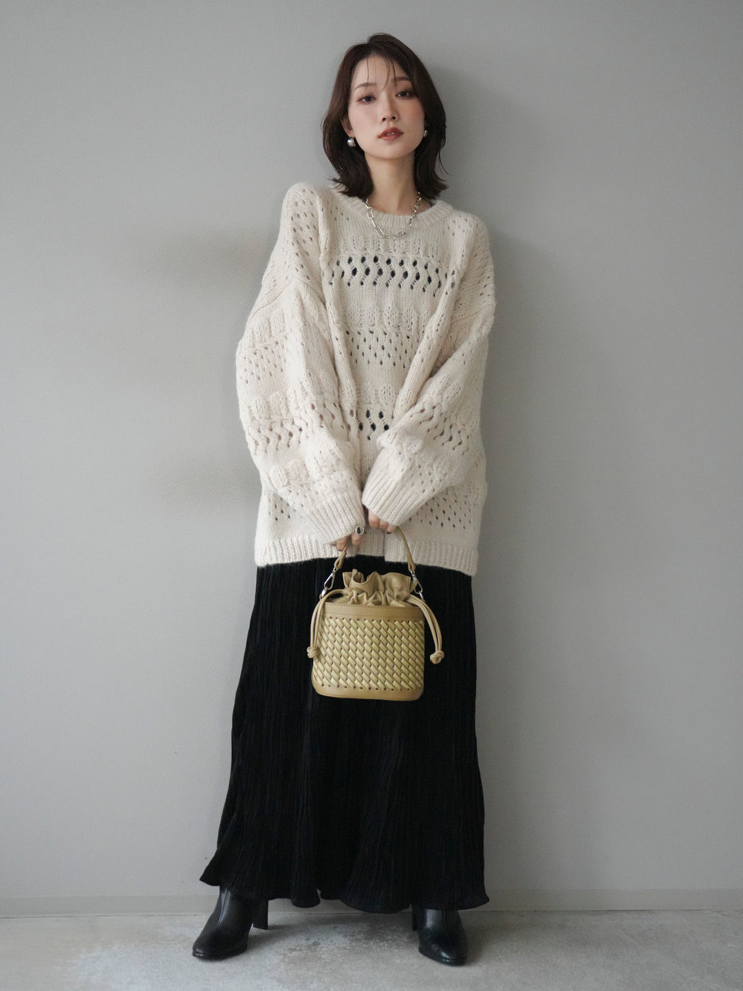 [予約]透かし編みクルーネックニットプルオーバー/ivory